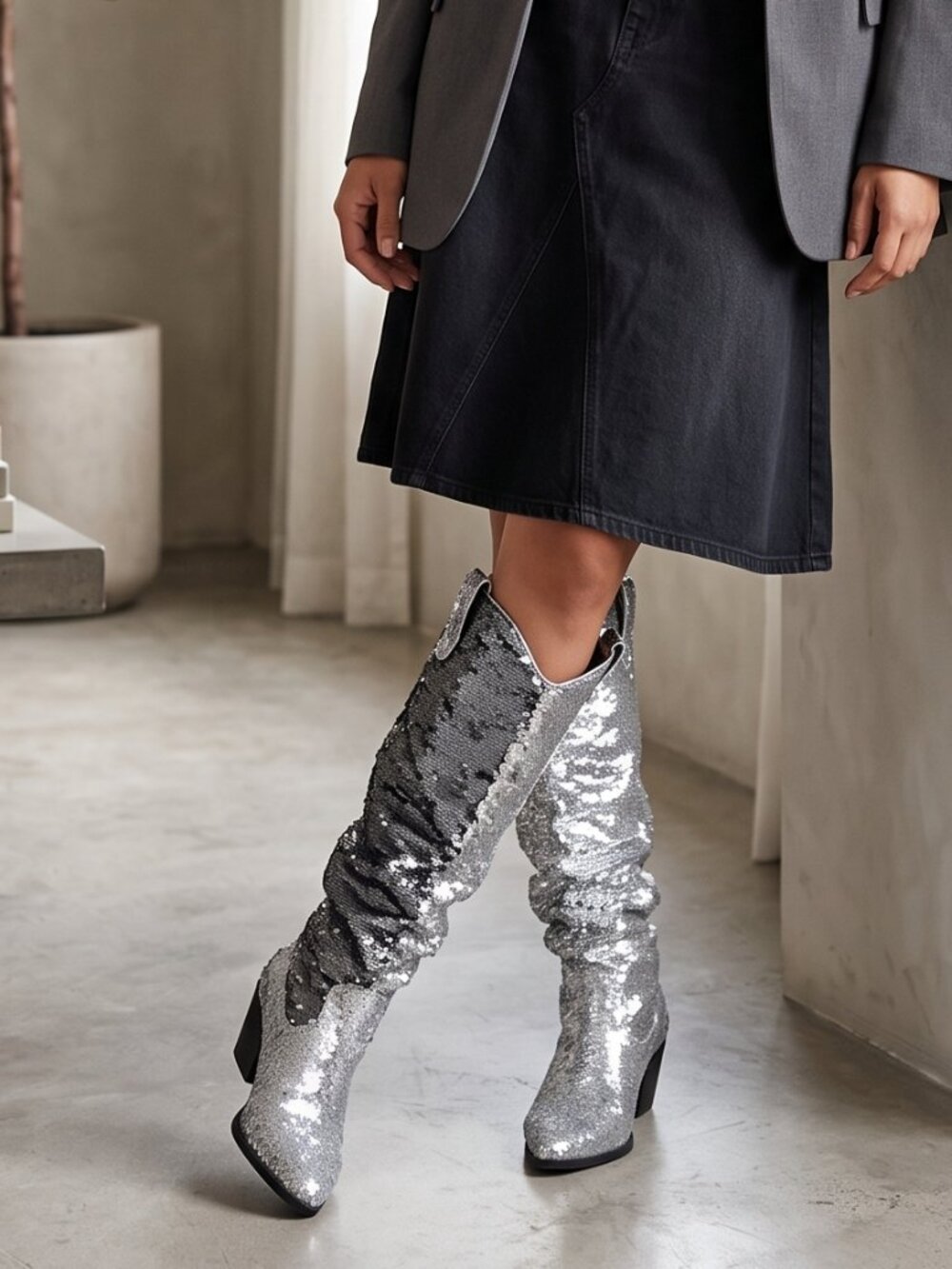 INC Launa Silver Reversible Sequin Slouchy Western Cowboy Boots 8